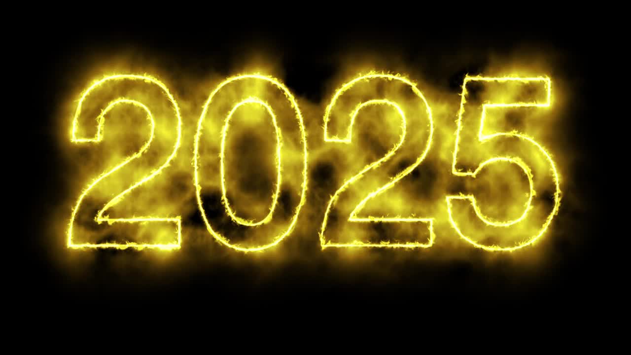 新年快乐2025，燃烧黄色文字在黑色背景，圣诞节，倒计时，日历，周年纪念视频下载