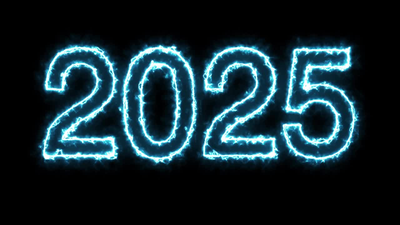 新年快乐2025，黑色背景霓虹文字，圣诞节，倒计时，日历，周年纪念视频下载