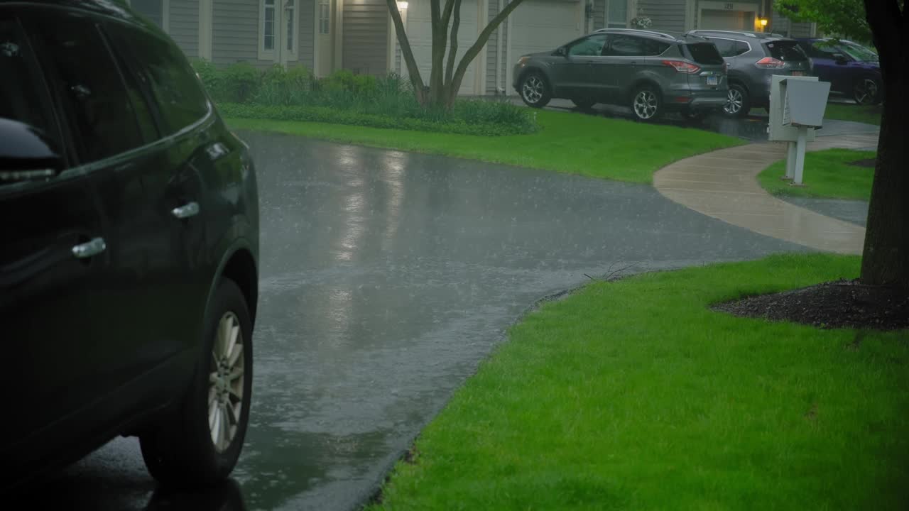 大雨暴雨。雨滴落在停着的汽车上。下雨的一天视频下载