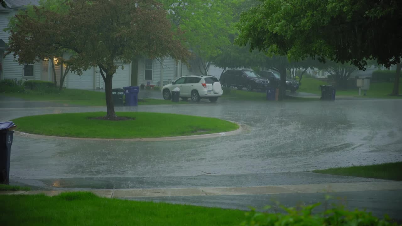 大雨暴雨。雨滴落在郊区的停车场上。视频下载