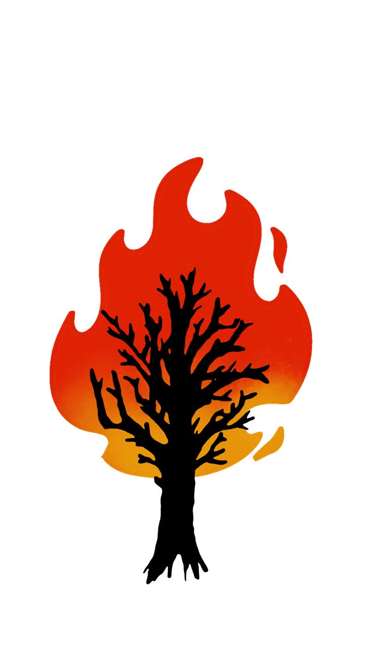 用卡通涂鸦风格的火焰燃烧着孤独的树。视频下载