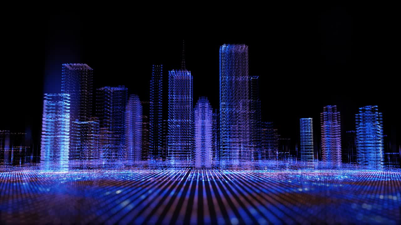 飞行在未来的数字城市，彩色建筑与粒子网络。隔离透明背景，Alpha通道准备好了。视频下载
