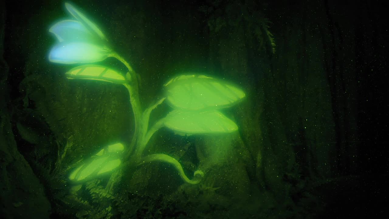 在黑暗中发光的植物在树林里2镜头视频下载