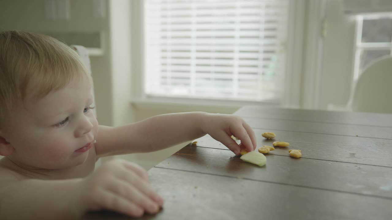 婴儿坐在桌边吃零食的慢动作/雪松山，犹他州，美国视频下载