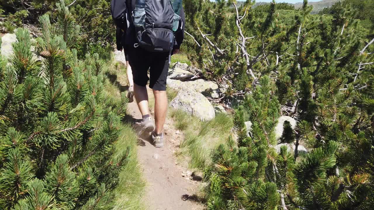 徒步旅行者在岩石小径上行走的腿视频下载