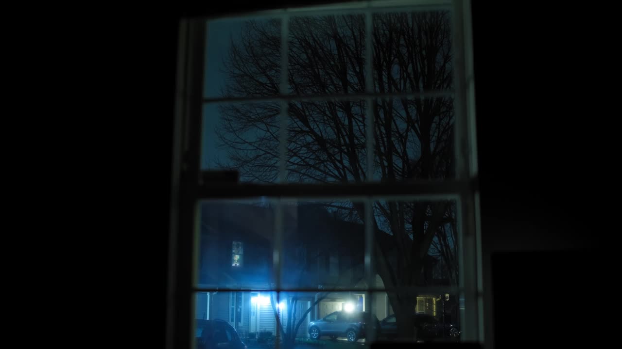 闪电背景下一棵树的剪影。大雨暴雨倾盆而下。从房子里看。风暴。视频下载