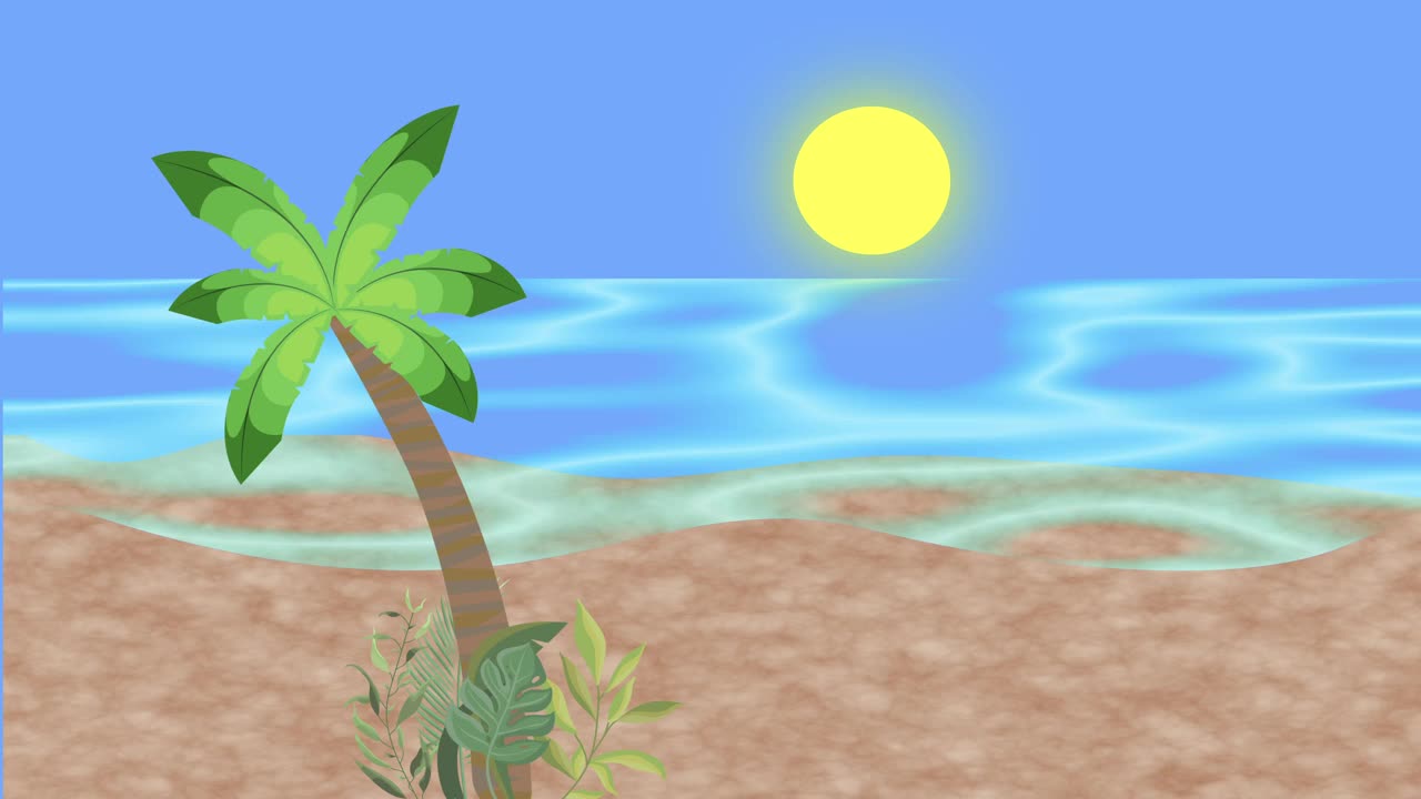 情侣在沙滩上散步，2D平面卡通动画，海景为背景视频下载