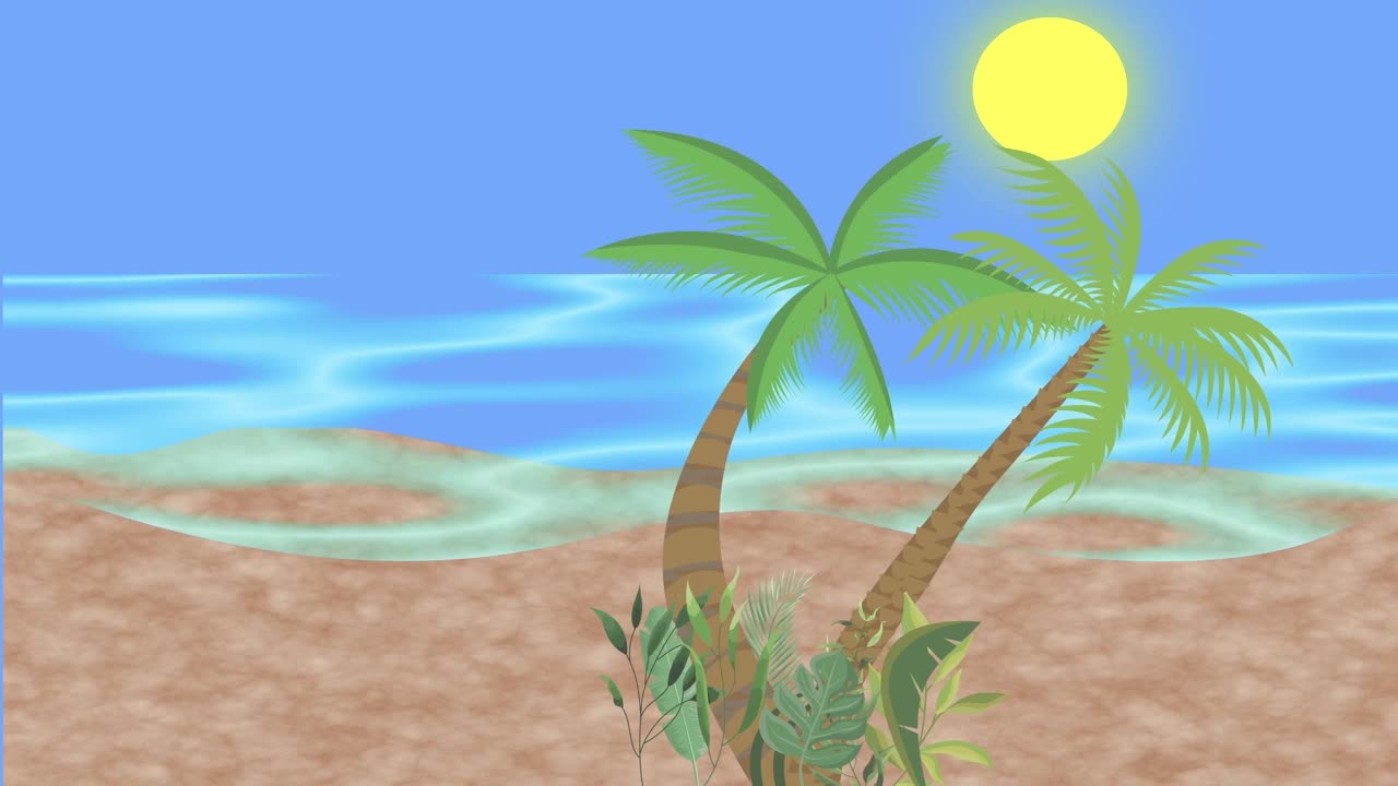 情侣在沙滩上散步，2D平面卡通动画，海景为背景视频下载