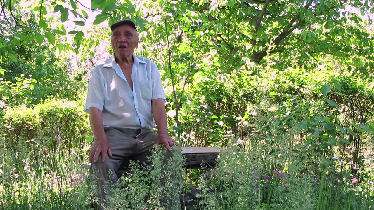 一位老人坐在大自然的木凳上视频下载