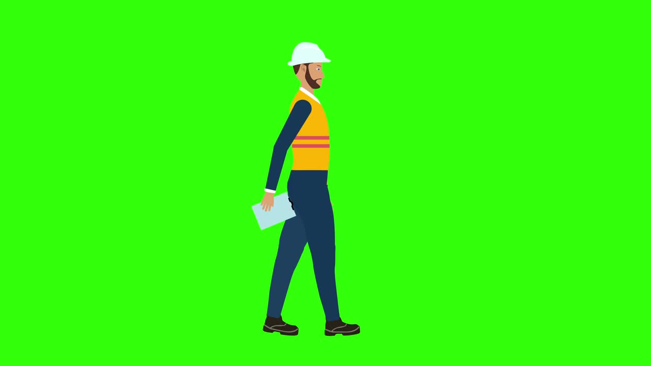 工人工程师行走循环角色动画，绿屏色度键背景视频下载