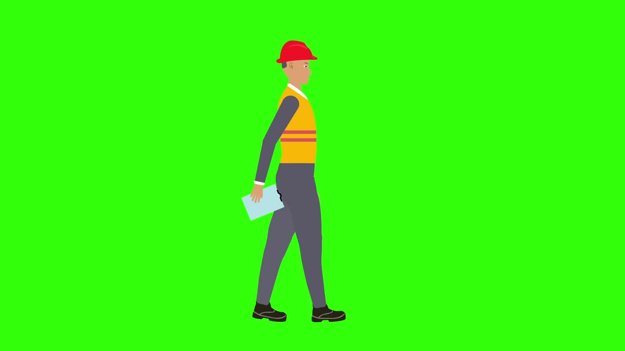 工人工程师行走循环角色动画，绿屏色度键背景视频下载