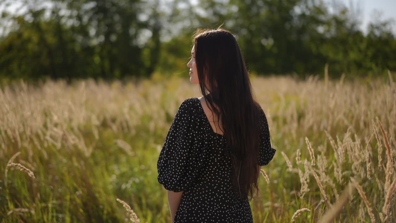 后面的观点。在一个阳光明媚的夏日，一个身穿黑色连衣裙的女孩站在高高的草地上，背对着相机望向远方。视频下载