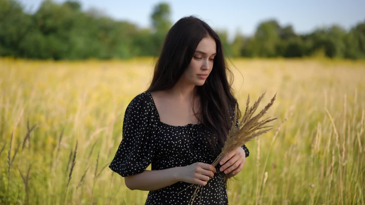 夏日里，一个黑发女孩手持一束黄色的小穗，站在田野的黄色草地上。一个女孩看着镜头笑了视频下载