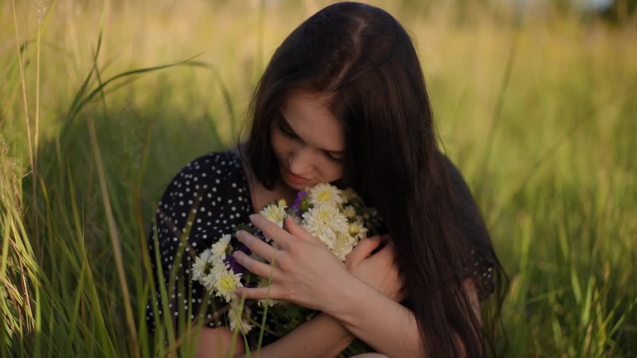 在一个阳光明媚的夏日，一个有着深色长发、手持一束野花的女孩坐在田野里高高的绿草地上，看着镜头，微笑着给了我一个飞吻。视频下载
