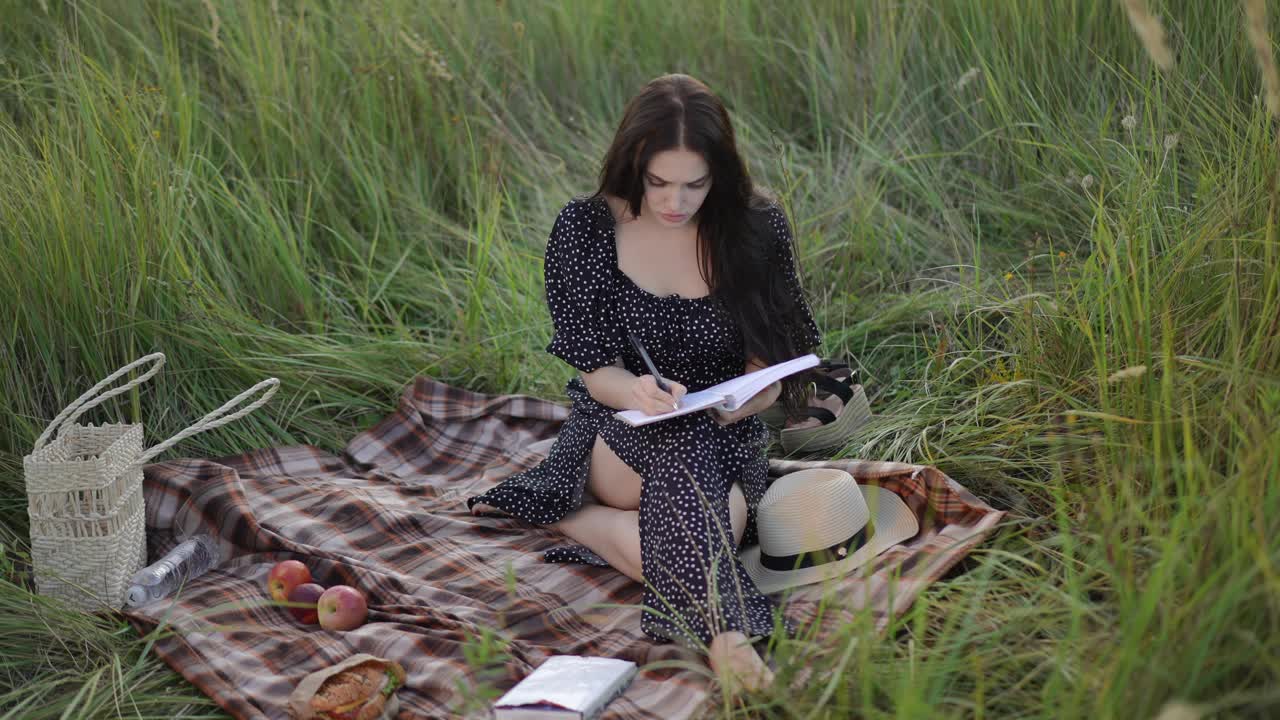 缓慢的运动。夏日里，一位年轻女子坐在草地上，用笔在笔记本上写着什么。一个女孩在户外工作时从笔记本上撕下了一张纸。视频下载