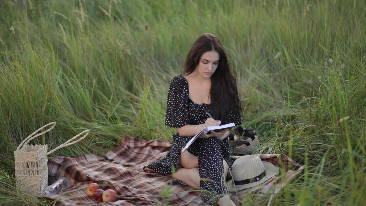 夏日里，一位年轻美丽的女子坐在草地上，紧张地用笔在笔记本上写着什么。女孩从笔记本上撕下一张纸。视频下载