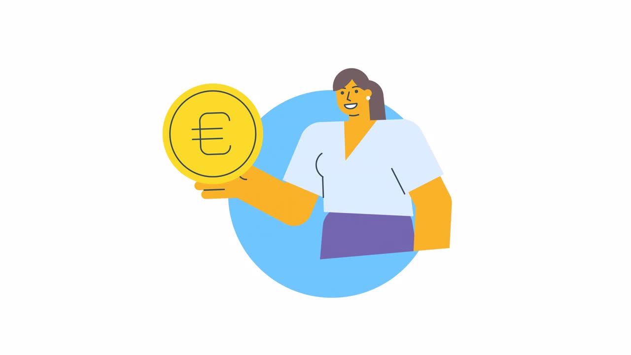 图标女商人拿着欧元标志的硬币，微笑着。阿尔法通道视频下载