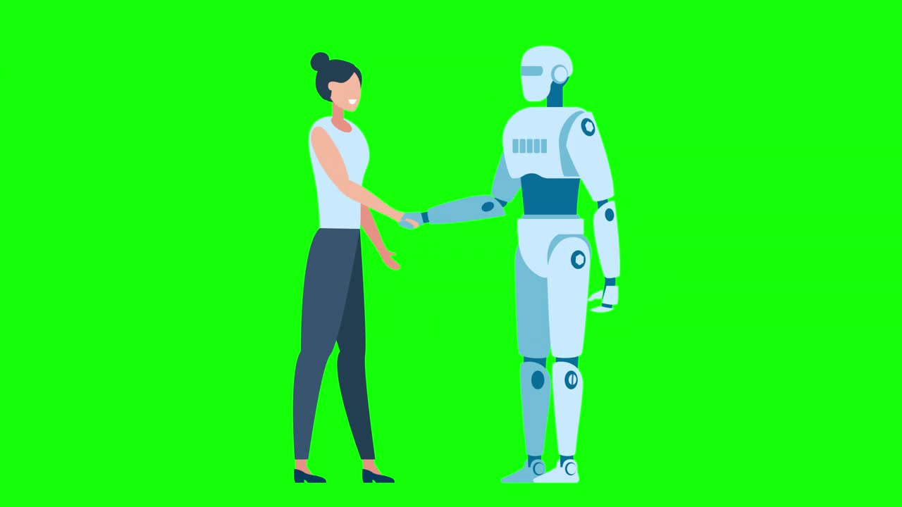 女人和机器人握手，背景为绿色。女人和机器人握手。女商人与人工智能之间的协议。2d平面动画。阿尔法通道。色度键视频下载