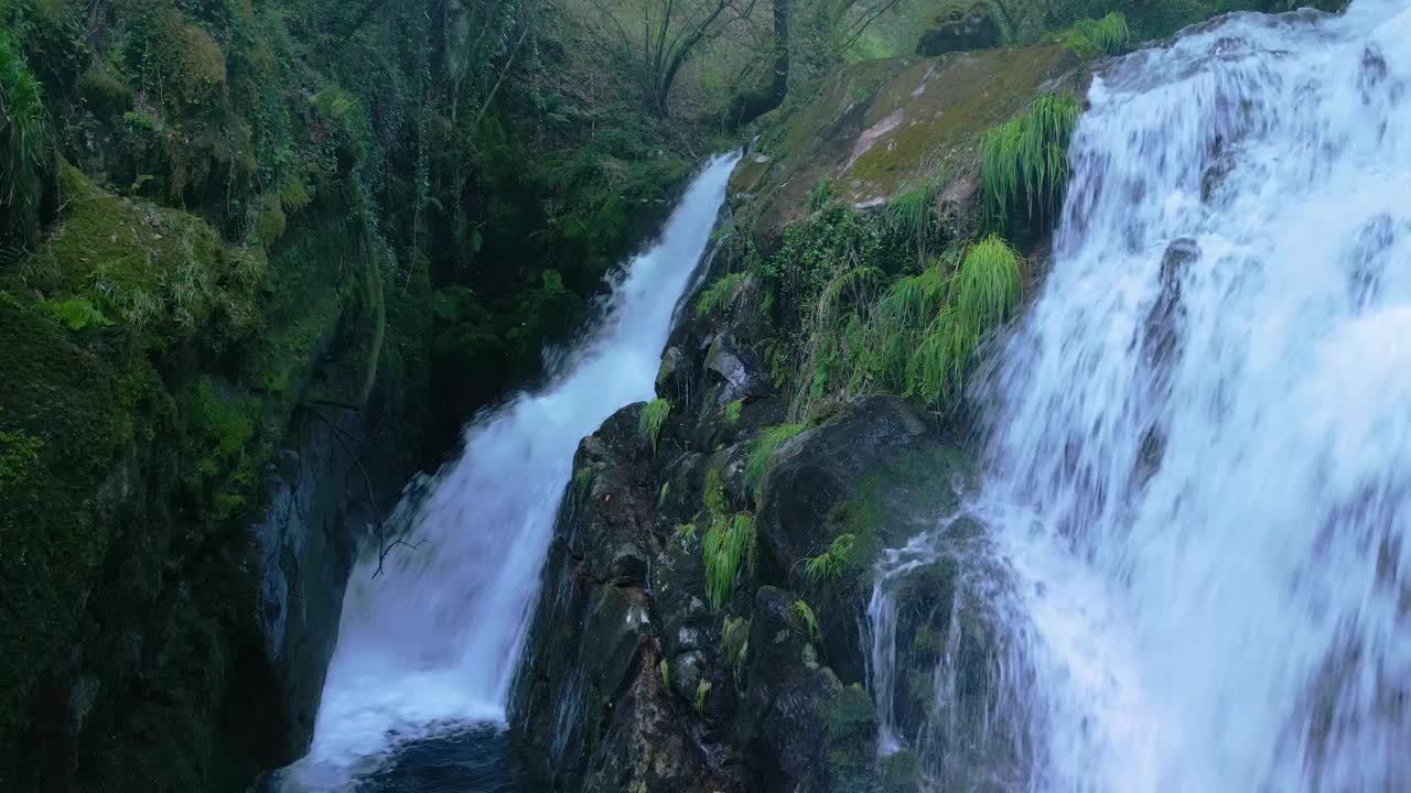 在西班牙加利西亚的马萨里科斯，圣莱奥卡迪亚瀑布的泡沫瀑布被大自然包围视频下载