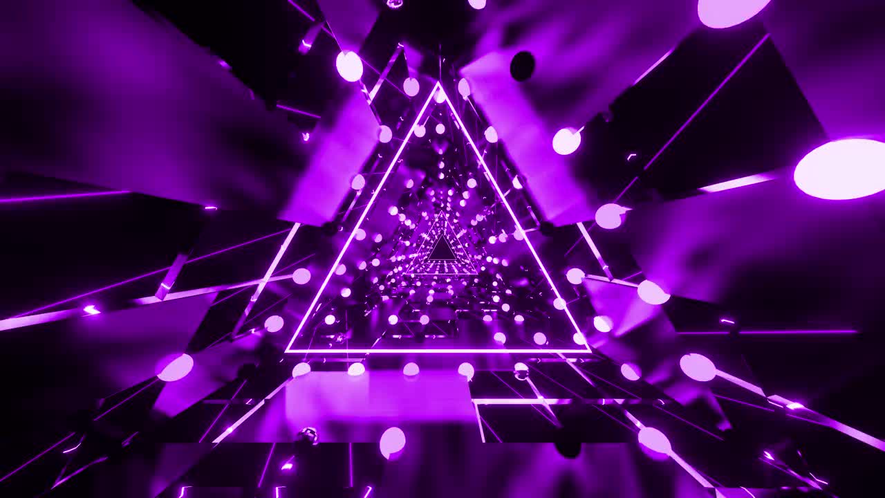 三维插图VJ环紫色背景无缝动态未来的霓虹灯三角形隧道视频下载