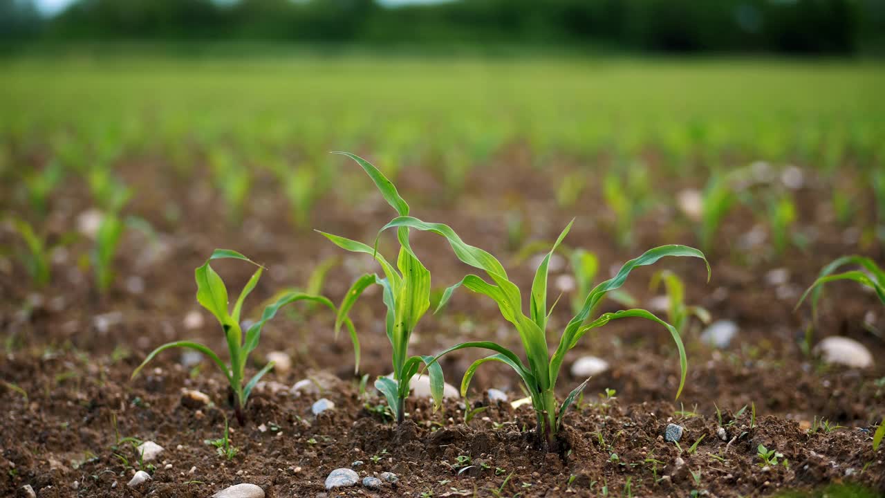 肥沃土壤中的玉米幼苗——多云天气下的早期作物发育视频下载