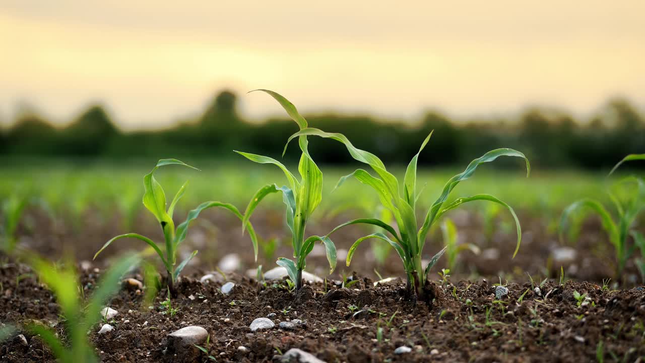 年轻的玉米植物茁壮成长在肥沃的土壤在日落-完美的农业和农业内容视频下载