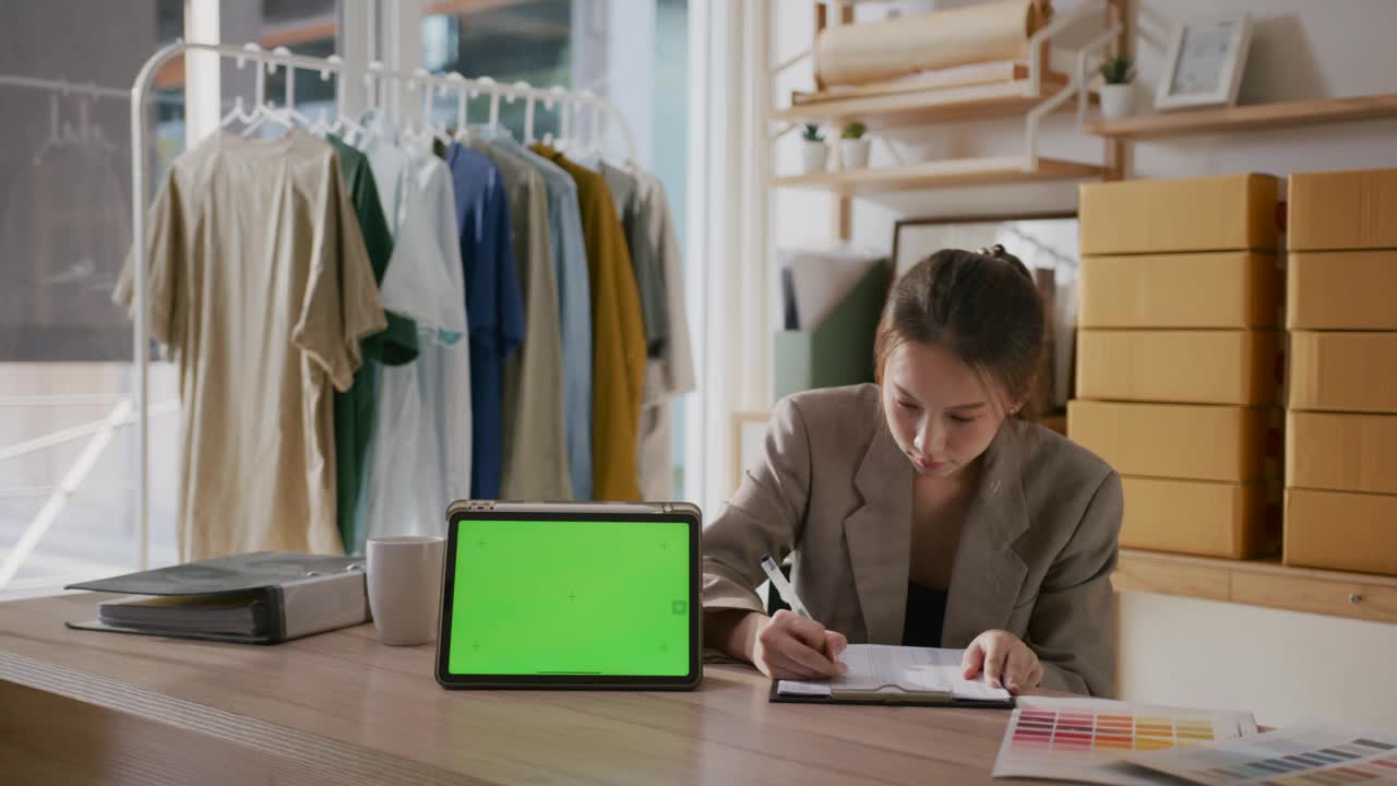 数码平板电脑chromakey，在设计师工作室工作的女人视频下载