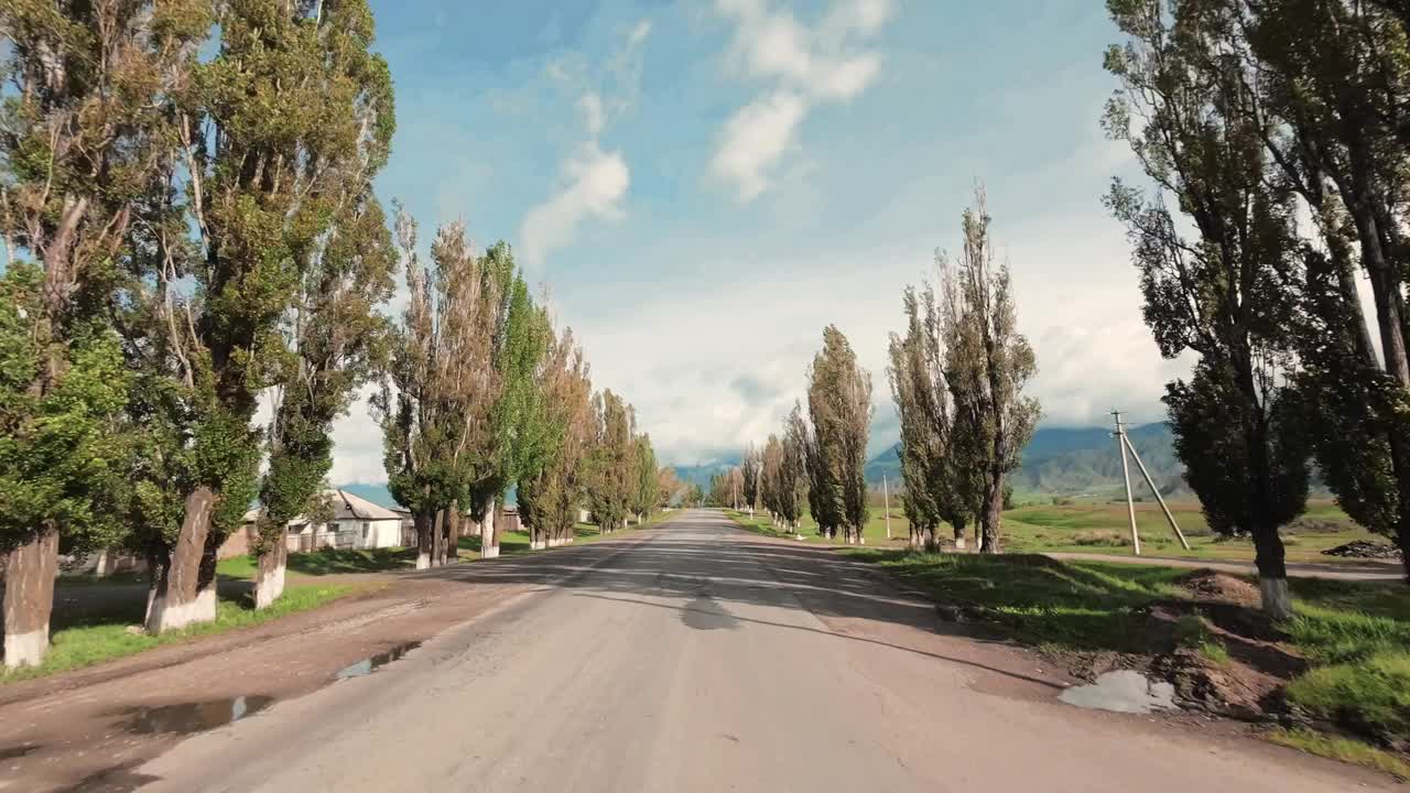 沿着两旁高大的白杨树的破旧乡村道路行驶视频下载