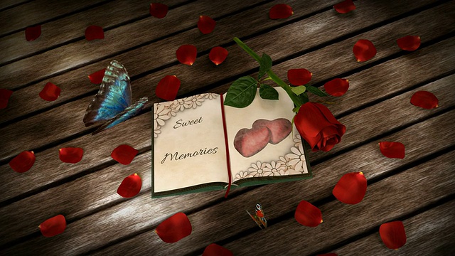记忆概念-书，玫瑰和动画蝴蝶在木桌上视频下载