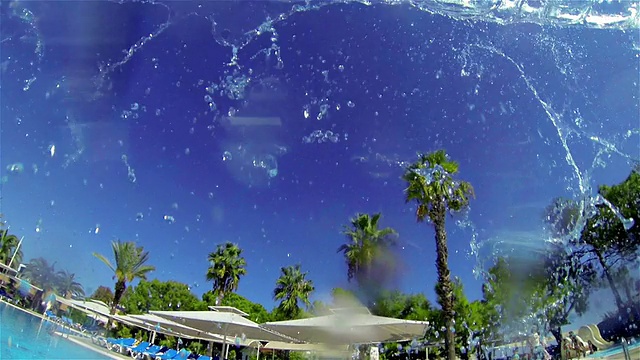 喷射的水溅在水池里。背景-水池和棕榈树。视频下载