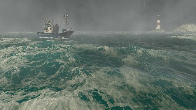 渔船和暴风雨中的灯塔视频素材