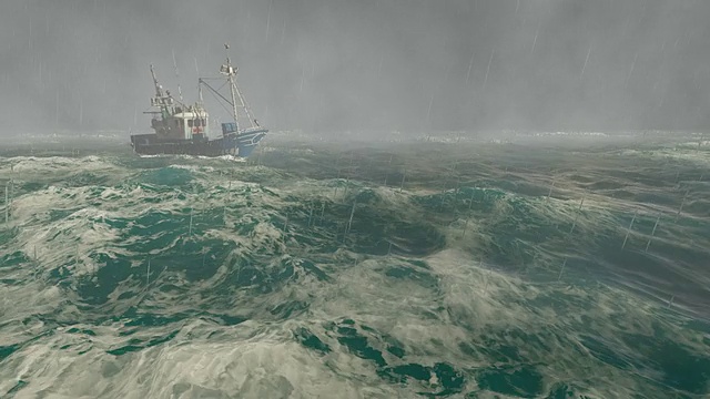 小渔船在暴风雨的海面上视频素材