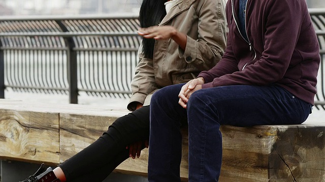 在一个阴天，一对夫妇坐在布鲁克林大桥前公园的长椅上，用慢镜头近距离拍摄视频下载