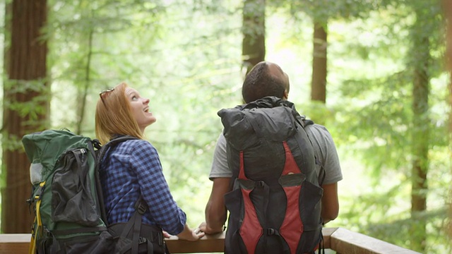 一对背着徒步背包的年轻夫妇在树林里四处张望视频下载