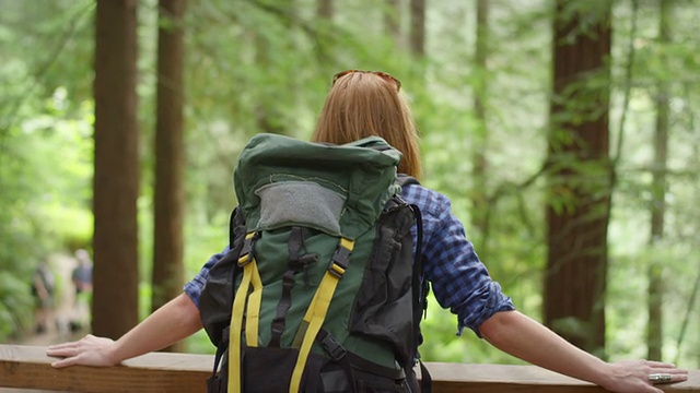 徒步旅行的妇女望着外面的树林视频下载