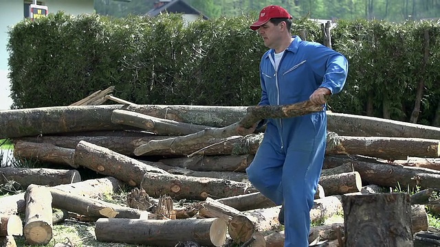 人们把原木从木桩上搬开视频素材