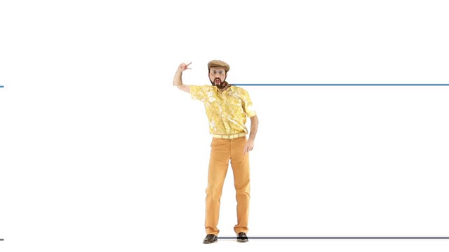 年轻的70年代大胡子男子穿着帽子和黄色花橙色复古衬衫跳舞在103 bpm音乐轨道侧视图-孤立的白色高清视频片段视频下载