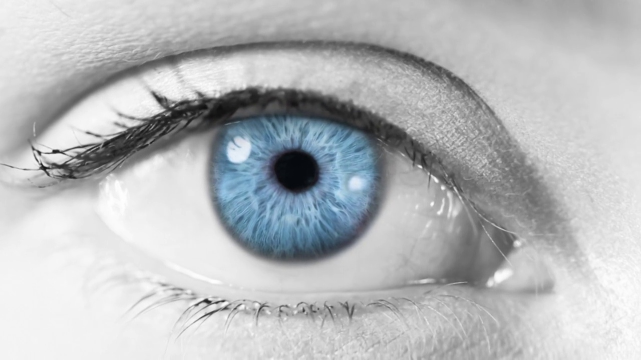 人类的眼睛。蓝色/绿色。白色/常规皮肤。视频素材