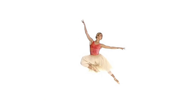 漂亮的芭蕾舞者使舞蹈技巧，跳跃，在白色的背景，慢动作视频素材