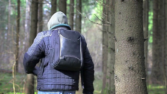 在树林里带着砍刀，背包和平板电脑的徒步者视频素材