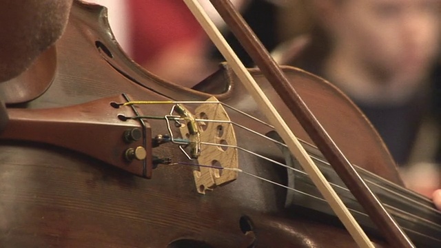 用弓演奏的小提琴桥的特写视频下载