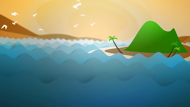 卡通动画海浪和岛屿在日落与鸟视频下载