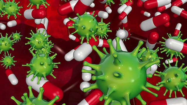 摘要病毒与药片在绿色和红色视频素材