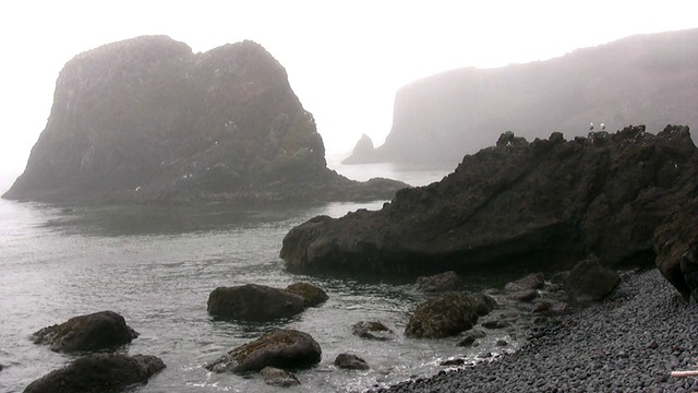 布满岩石的海岸笼罩在薄雾之中视频下载