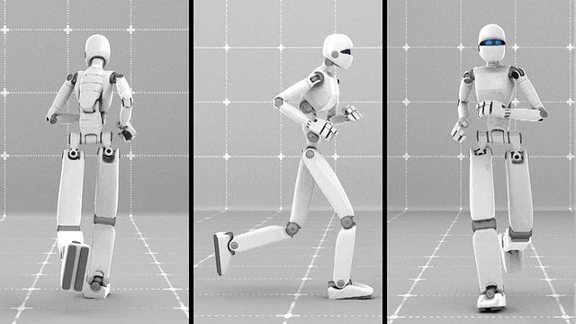 白色未来机器人在室内慢跑。正面，侧面和背面视图视频素材