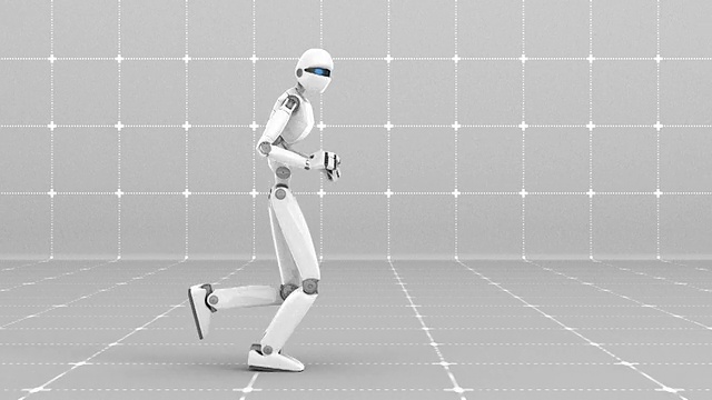 白色未来机器人慢跑室内-侧视图视频素材