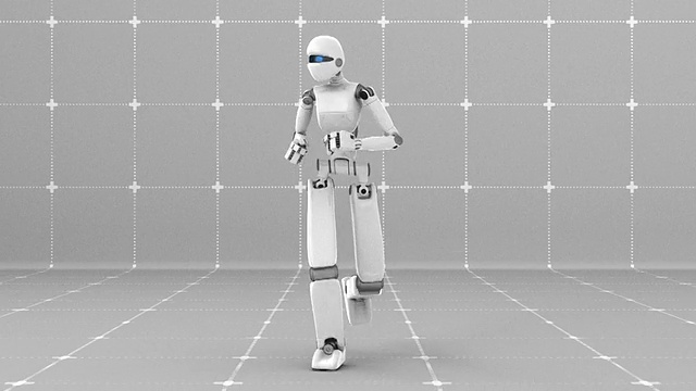 白色未来机器人在室内慢跑-正面视图视频素材