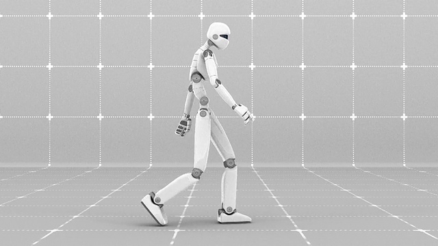 白色未来机器人在室内行走-侧视图视频素材