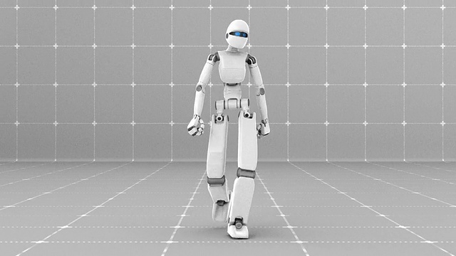 白色未来机器人在室内行走-正面视图视频素材