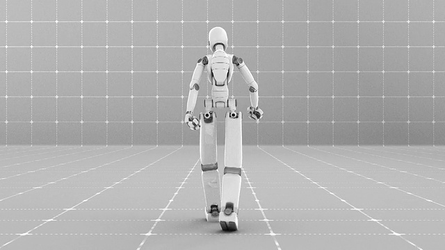 白色未来机器人在室内行走-后视图视频素材